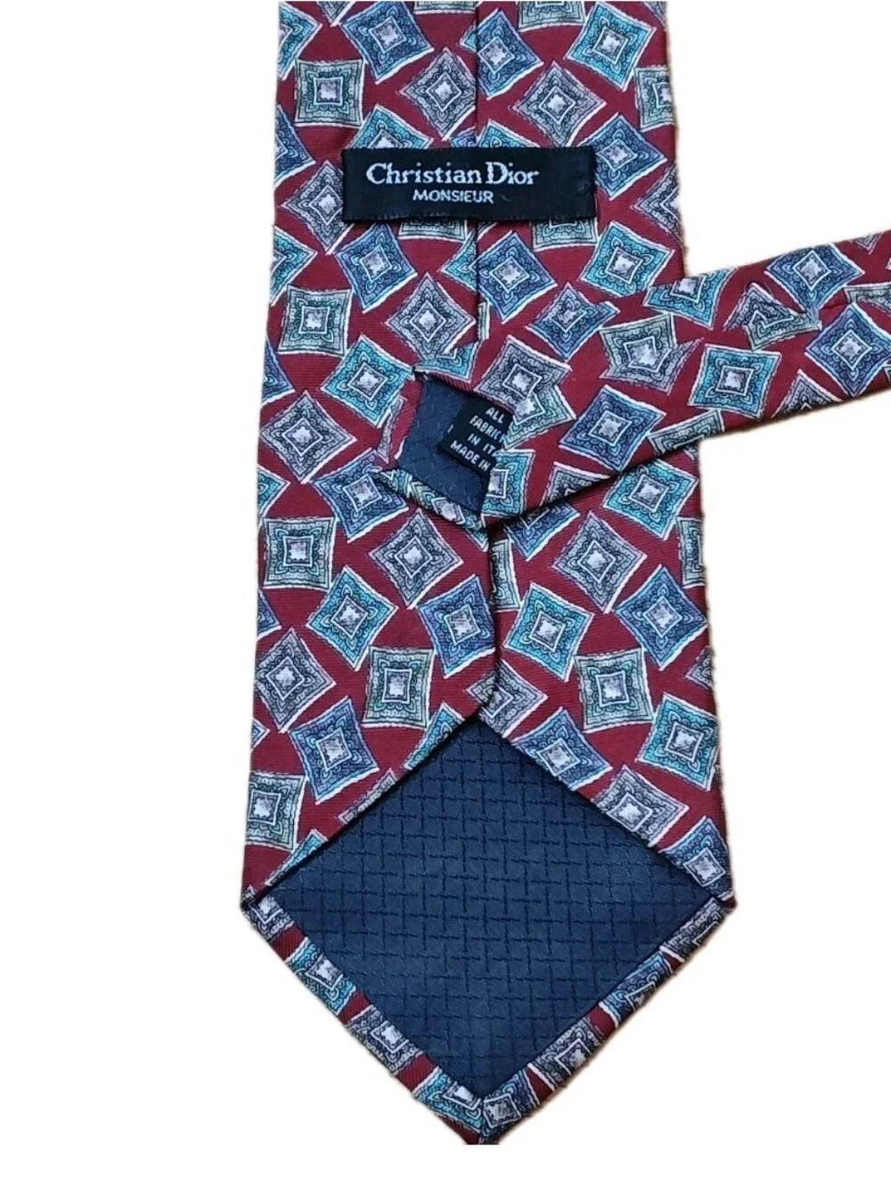 Vtg USA Christian Dior Monsieur Vintage Italian Silk Neck Tie Red Geo Diamond